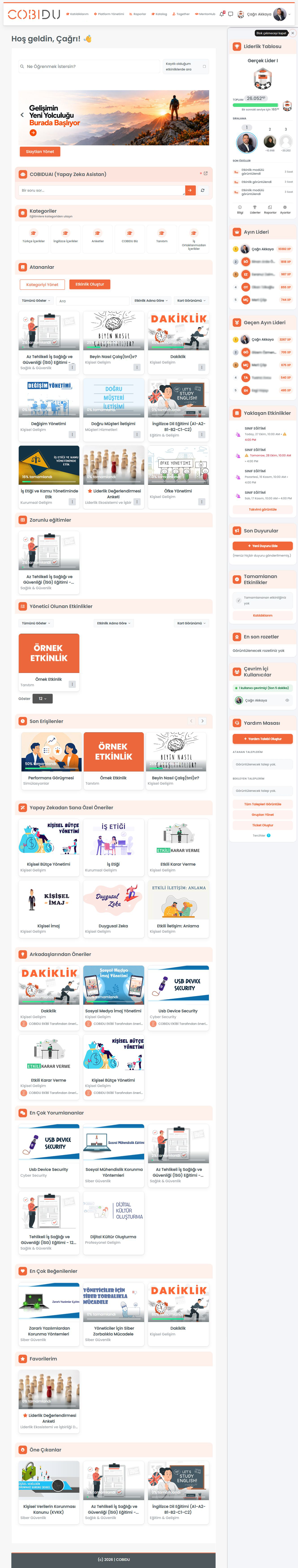 COBIDU platformunda eğitimler, kategoriler, öneriler ve oyunlaştırma ekranı
